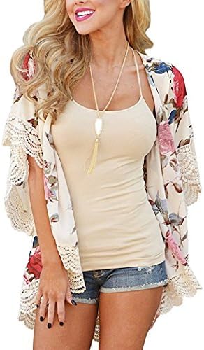 BOSSAND Women's Sheer Chiffon Blouse Loose Tops Kimono Floral Print Cardigan (Medium, N 16)