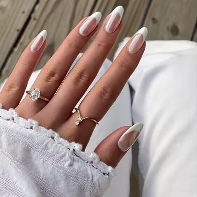 24PCS Press On Nails, Mirror Metal Stiletto Fake Nails, Almond Medium Shape, Stick on Nails, Glue on Nails False Nails (Aurora White Tip) - Image 2