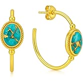 GEMPIRES 14k Gold Hoop Earrings for Women – Oval Rose Cut Gemstone, 1.2” Lightweight Hypoallergenic Hoops with Post Back – Small Gold Earring Hoops – Lapis, Black Spinel, Green Onyx & More