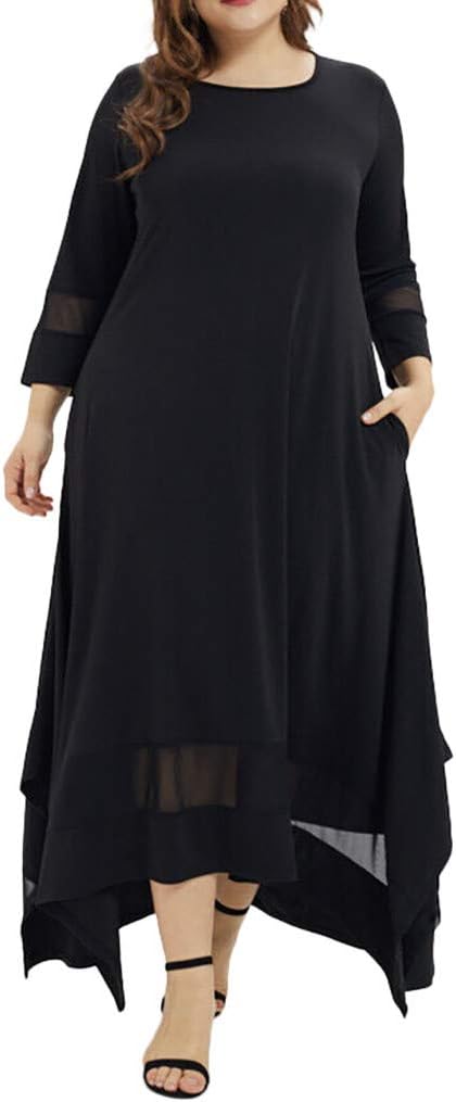 Looka33 Women Dress Summer Material Cotton Sexy Plus Size Fashion Solid O Neck Three Quarter Sleeve Muslim Long