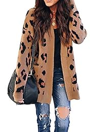 ZESICA Chaqueta de punto para mujer, manga larga, parte frontal abierta, estampado de leopardo, con bolsillos