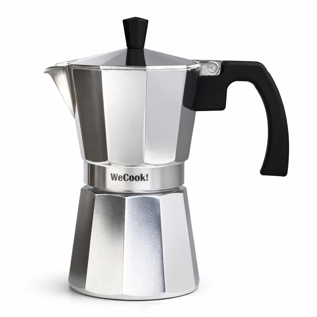 WECOOK! Paola Silver Aluminium Stovetop Espresso Maker, Italian Moka Coffee Pot, 12 Cups (600 ml), Silicone Gasket & Safety Valve, Suitable for Gas, Electric & Ceramic Hobs – Not Induction Compatible