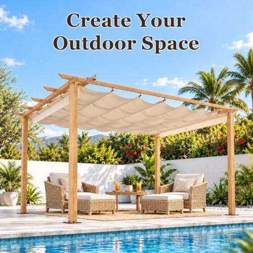 10 x 13 FT Outdoor Aluminum Pergola with Retractable Canopy, Off-White image 8