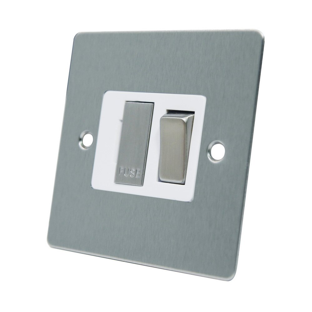 AET FSCSFSWS 13 A Satin Chrome Flat Switched Fused Spur Connection Unit with White Insert Metal Rocker Switch