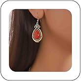 Erimberate Bohemian Teardrop Coral Dangle Earrings Gold Turquoise Stone Drop Earrings Red Turquoise Hook Earrings Ethnic Natural Gemstone Earrings Jewelry for Women Gifts