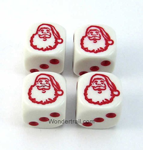 Santa Dice White Opaque with Red Pips D6 16mm (5/8in) Set of 4 Dice Packaged in Tubes or Blister Wondertrail WKP18703E4