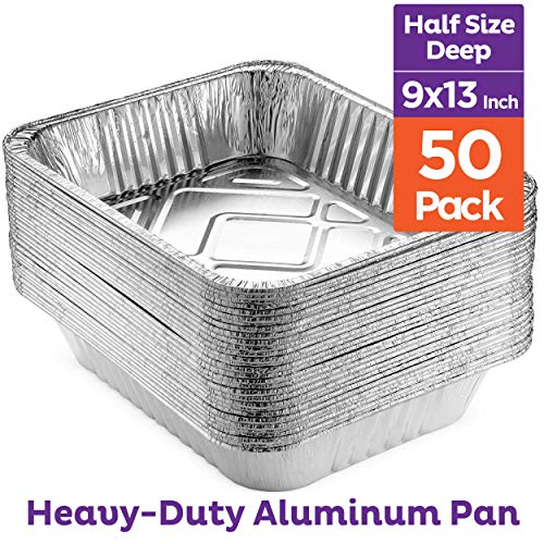 Heavy Duty 9 x 13 Aluminum Foil Pans [50 Pack] Half Size Deep Steam Table Pans, Premium Disposable Baking Pans