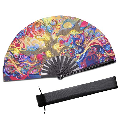 SYNTECSO Folding Hand Fan for Rave, Large Bamboo Fan for Women and Men Gift，Chinese Japanese Clack Fan for Parties, Music Festivals, Drag Race and Decoration (Trippy Tree) - Thumbnail 6