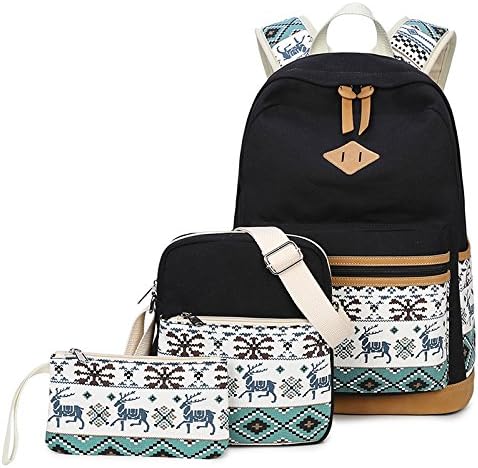 Ethnic Flower Pattern Canvas School Bag Set, Backpack + Messenger Bag + Purse/ Pencil Case, Zipper College Laptop Backpacks for Teenagers Girls Kids (Cervus nippon - Black)