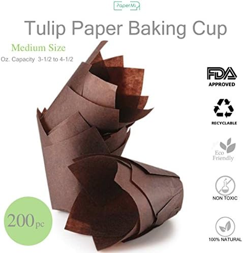 Brown Tulip Cupcake Liners, Medium Size Paper Muffins Baking Cups, Tulip Cupcake Wrappers Providing a Beautiful Display, Natural &amp; FDA Approved, Oz. Capacity: 3.5 to 4.5, Bulk of 200pc