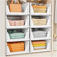 SNSLXH 5 Pack Wardrobe Storage Organiser, Stackable & Foldable Closet Organisers for Bedroom Bathroom Laundry Room Wardrobe Storage, Space-Saving Clothes Storage Drawer Organiser Basket, White