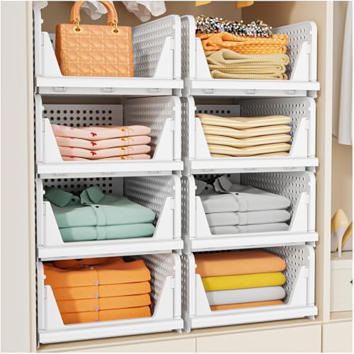 SNSLXH 5 Pack White Stackable Closet Organizer Box, Multifunctional & Foldable Storage Basket for Bathroom, Kitchen, Laundry Room, Wardrobe, Space-Saving Clothes Storage Drawer Organizer
