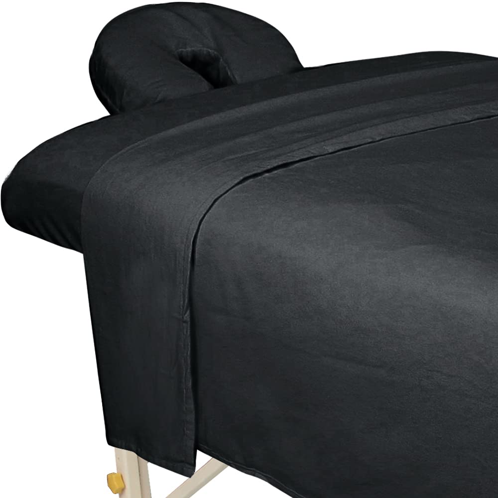 ForPro Premium Flannel 3-Piece Massage Sheet Set for Massage Tables, Includes Flat Sheet, Fitted Sheet and Fitted Face Rest Cover, Black