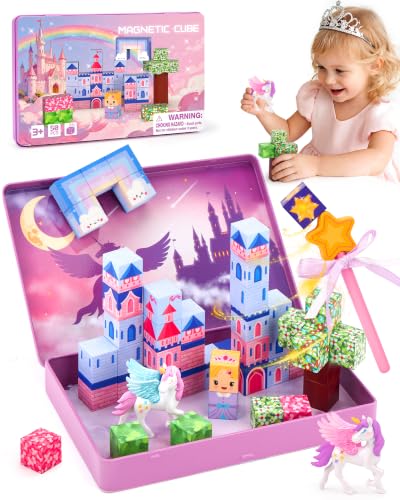 hahaland Construcciones Magneticas de Viaje, Unicornio Cubos Magneticos | 50 Piezas Magneticas Niños con 2 Unicornio, Juego Imanes Creativo, Bloques Magneticos Construccion para Niños 3 4 5 6 años