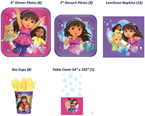 Dora &amp; Friends Complete Party Supply Bundle (Service for 8 including table cover) 41 items: 8-9" Plates, 8-7" Desert plates, 8-9oz Cups, 16 Large Lunch Napkins, Table Cover