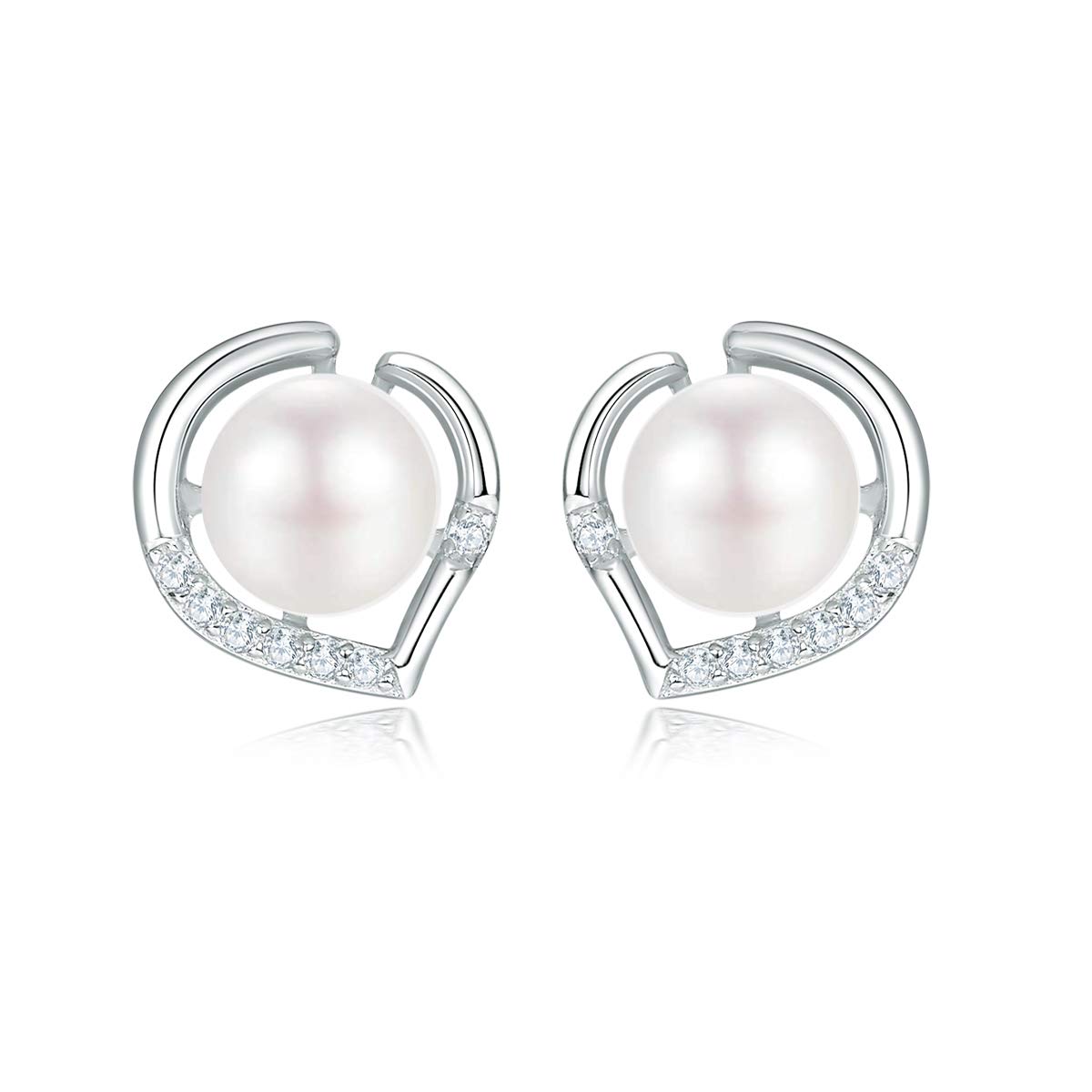 Shuxin Silver Stud Earrings for Women, 925 Sterling Silver Pearl Stud Earrings, with White Cubic Zirconia, Hypoallergenic Jewellery for Sensitive Ears, Suitable for Women Girls, Come in Jewellery Box