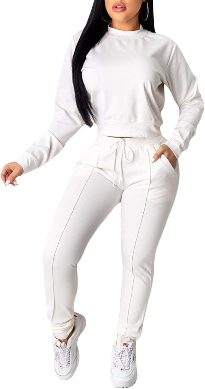 Women Solid Color 2 Piece Outfits Set, Long Sleeve Crew Neck Top and Long Pants Tracksuit Sportswear Sweatsuit