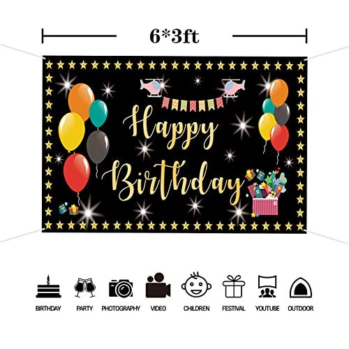 Mokonate Happy Birthday Backdrop Banner Decorations for Kids 6x3.3ft Black and Gold Balloons Star Flag Happy Birthday to You Sign Poster Photo Backdrop Backgroud Children Boys Girls Party Decor