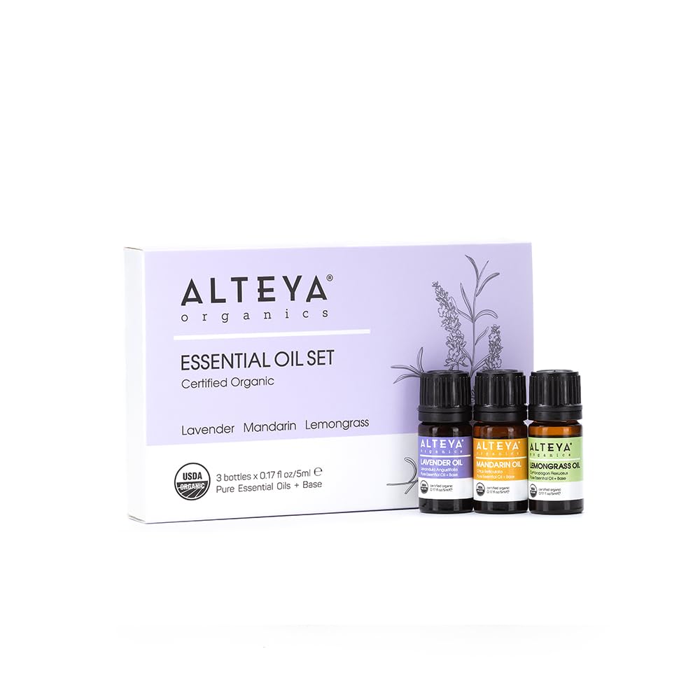 Alteya Essential Oil Set Pure Indulgence USDA Certified Organic Lavender - Mandarin - Lemongrass, 5 ml Aromatherapy