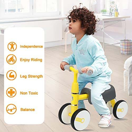MICKYU Balance Bike for 1 Year Old Baby Girls Boys, Infant Ride On Toys No Pedal 4 Wheels Push Bicycle with Widened Saddle Seat, Best First Birthday Gifts New Year Holiday (Yellow)