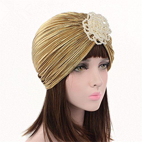 Qhome Luxury Women Shimmering Wrinkle Turban Artificial Pearl Flower Hijab Cap Head Wrap