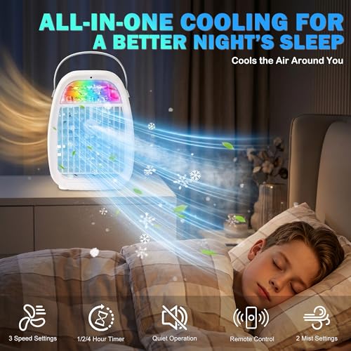 Portable Air Conditioner, 1100ML Mini Air Cooler with Remote Control, 4-in-1 Portable Air Cooler Fan, 3 Speeds, 2 Mist Modes, 1-4H Timer, 7 Colour LED, USB Cooling Fan for Bedroom Office Car Camping