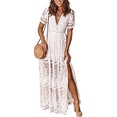 Eleter Women's Deep V-Neck Lace Romper Short Sleeve Long Dress