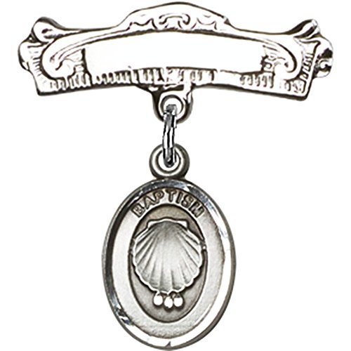 Sterling Silver Baby Badge with Baptism Charm and Arched Polished Badge Pin 7/8 X 7/8 inches