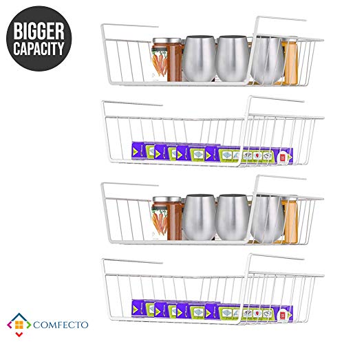 Comfecto Under Shelf Wire Basket, 4 Pack Stainless Steel Metal Hanging Storage Rack for Kitchen Cabinet Thickness Max 1.2 inch, Easy to Install Slides Under Shelves Organizer for Pantry Bathroom