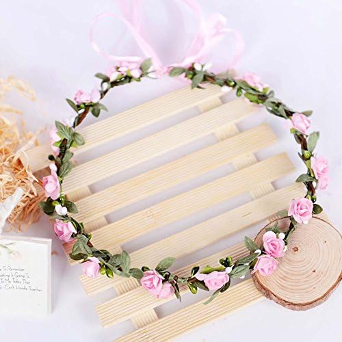 Cute Handmade Artificial Berries Rattan Adjustable Flower Crown with Ribbon Bride Flowers Headpiece Headband Hair Accessory for Teens Girls Woman Photography Props(pink)