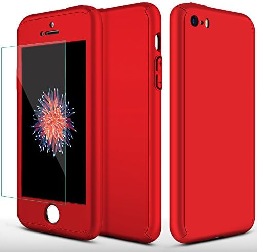 iPhone 5S Case, iPhone 5 Case, iPhone SE Case, SEEKFULL 360 Full Body Protection Ultra-thin Hard Slim Case with [Tempered Glass Screen Protector]case for Apple iPhone 5 5S SE (Red)