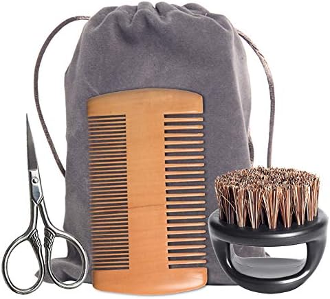 Beard Brush & Comb Kit for Men, 3-in-1 Grooming Tool Moustache Care Set, Boar Bristles Brush, Wood Comb and Trimming Scissors