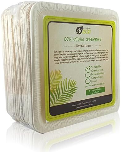 Natural Palm leaf Plates by OkEco - Set of 25 Square 6" Disposable Palm Leaf Plates for Weddings, Parties and Picnics