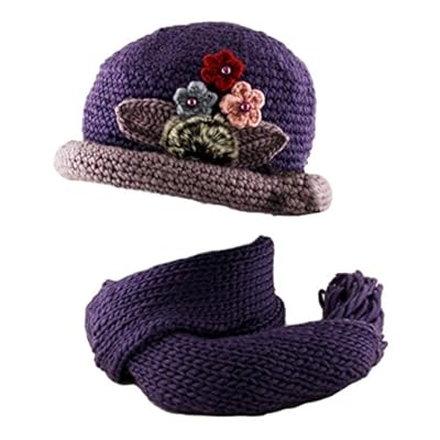 Womens Brim Cloche Crochet Hat & Scarf 2 Piece Set Waffle Knit Petals Faux Fur Womens Brim Cloche Crochet Hat & Scarf 2 Piece Set Waffle Knit Petals Faux Fur