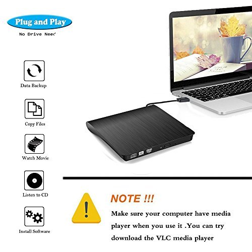 YAHEY External CD Drive, Ultra Slim USB 3.0 CD DVD-RW DVD ROM Drive For High Speed Data Transfer and Laptop Notebook PC Desktop Computer Support Mac OSX, Windows/ Vista/7/8/8.1/10 (black)