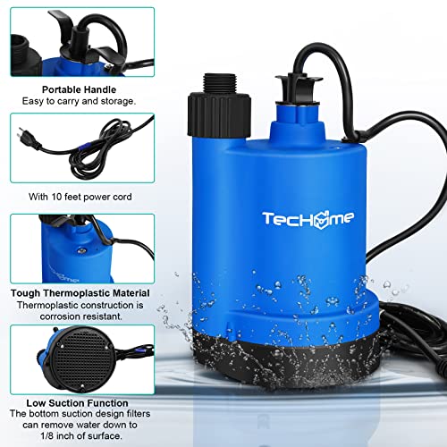 TecHome Water Pump Sump Pump Submersible Pump, 1/4HP Submersible Water