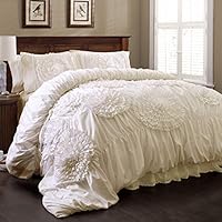 Lush Decor Serena Comforter Ivory Ruched Flower 3 Piece Set, King,