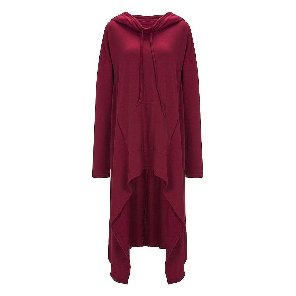 Women\'s Loose Long Sleeve Asymmetric Hem Sweatshirts Solid Color Pullover Hoodie Dress Wine Red XL