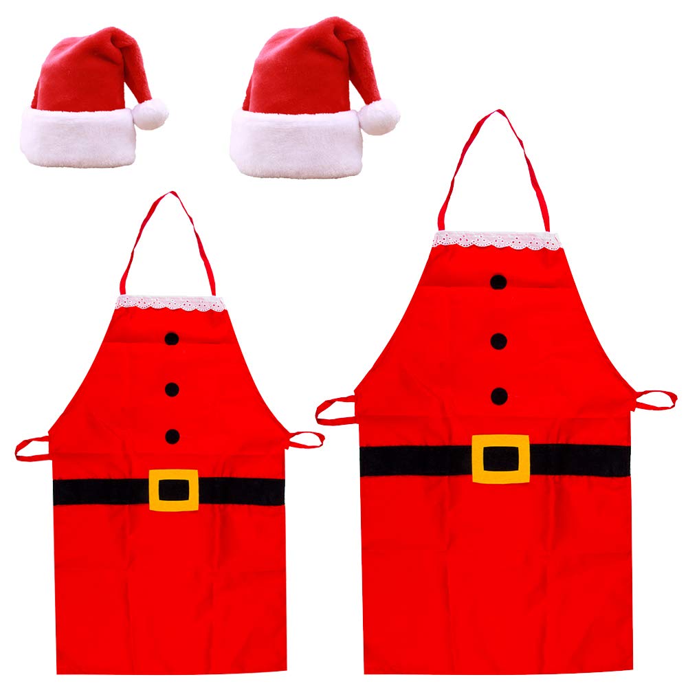 Christmas Apron Santa Hats Set 4Pcs Kitchen Aprons Unisex Classic Red Christmas Hat Santa Claus Costume for Xmas Holiday Christmas Party Chef Kitchen Cooking Cooking Restaurant Baking Craft Kids Gift