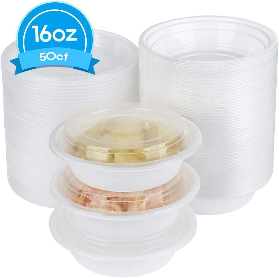 Disposable Plastic Bowl with Lids, Salad Bowl with Lids - 50 Count. (16 oz)