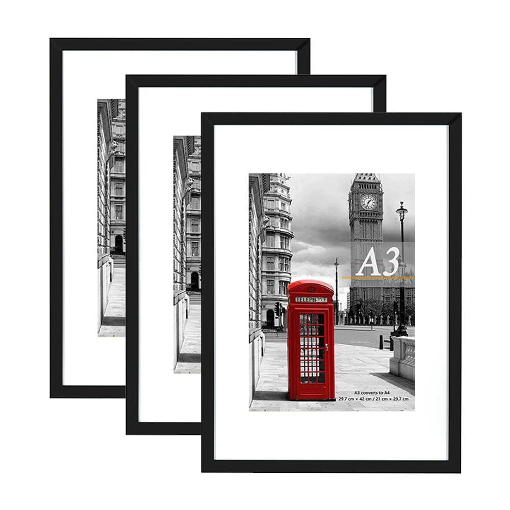 Scholar Tree Black Photo Frame Picture Frames, A3 with Mat for A4 Mount Picture, Set of 3, Wall Mountable
