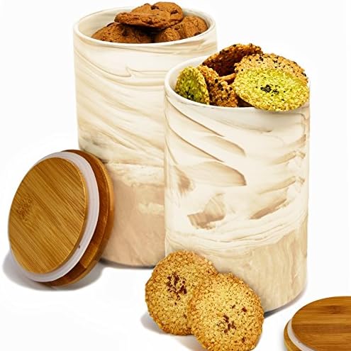 2pc Porcelain Kitchen Canister Set with Bamboo Lids Holds 60oz 8 Inches Tall – Large Desert Brown Marble Containers with Airtight Seal – Sugar, Coffee, Flour or Food Storage Jar