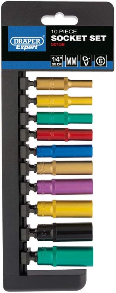 Draper 50158 1/4-Inch Metric Coloured Deep Socket 10 Piece Set , Blue, 1/4 inches