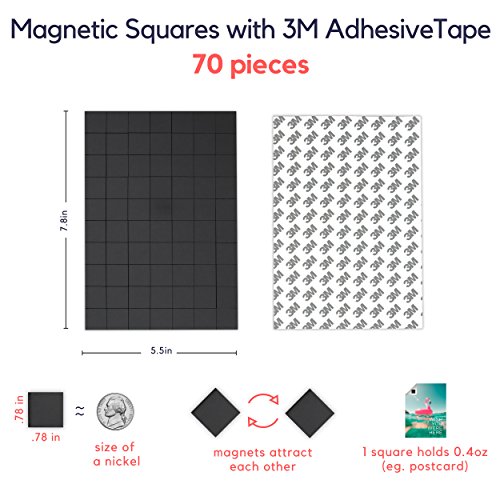 Magnetic Tape for Refrigerator Magnets - 70 Square Adhesive Magnets with Strong 3M Tape - Best Small Fridge Magnets for Kids Photos Crafts & Lightweight Objects - Perfect for Your Clutter Free Home