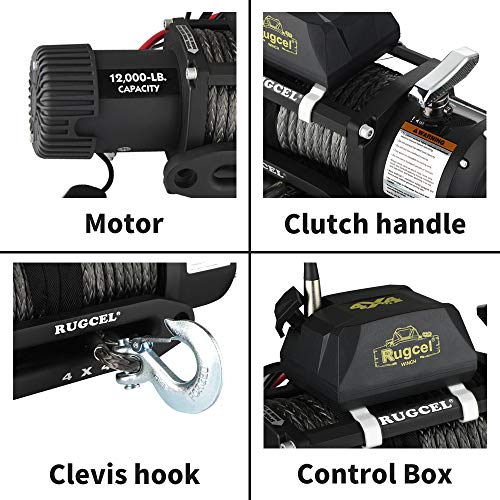RUGCEL Winch Waterproof Synthetic Rope Winch - 12000 lb. Load Capacity