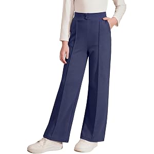blibean Girls School Uniform Pants Dress Bottoms Size 6-15 Years | Elastic High Waisted, with Pockets, Wide Leg, Decorative B