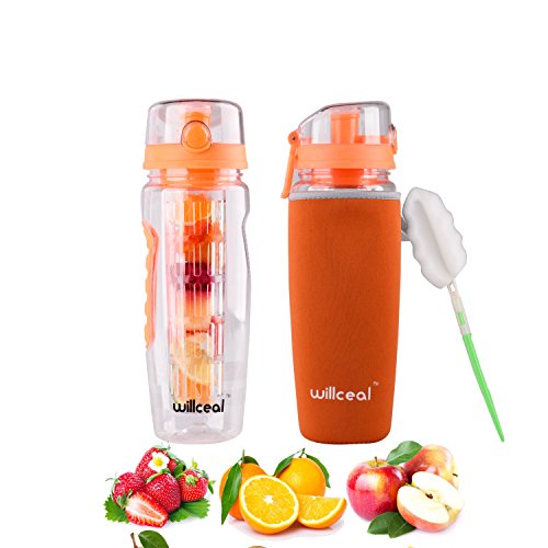 Willceal Fruit Infuser Water Bottle 32oz Durable, Large - BPA Free Tritan, Flip Lid, Leak Proof Design - Sports, Camping (Orange) - Thumbnail 2