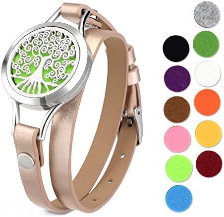 ABOOXIU Aromatherapy Essential Oil Diffuser Locket Bracelet with Leather Band,with 12 Washable Color Pads (Tree)