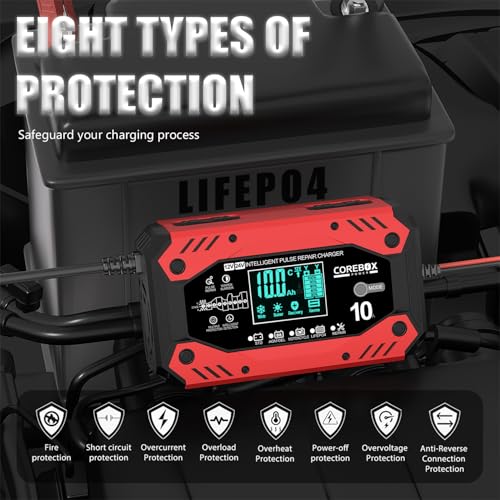 COREBOX Battery Charger 10-Amp 12V/24V- Fully Automatic Car Battery Charger- Trickle Charger, Chargeur Intelligent, Battery Maintainer with Temperature Compensation for Car Truck Motorcycle Lawn Mower