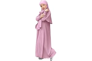 Girls Muslim Outfit Kids Long Sleeve Abaya Dress with Hijab Two Piece Maxi Islamic Set Scarf Kaftan Jilbab Prayer Clothes